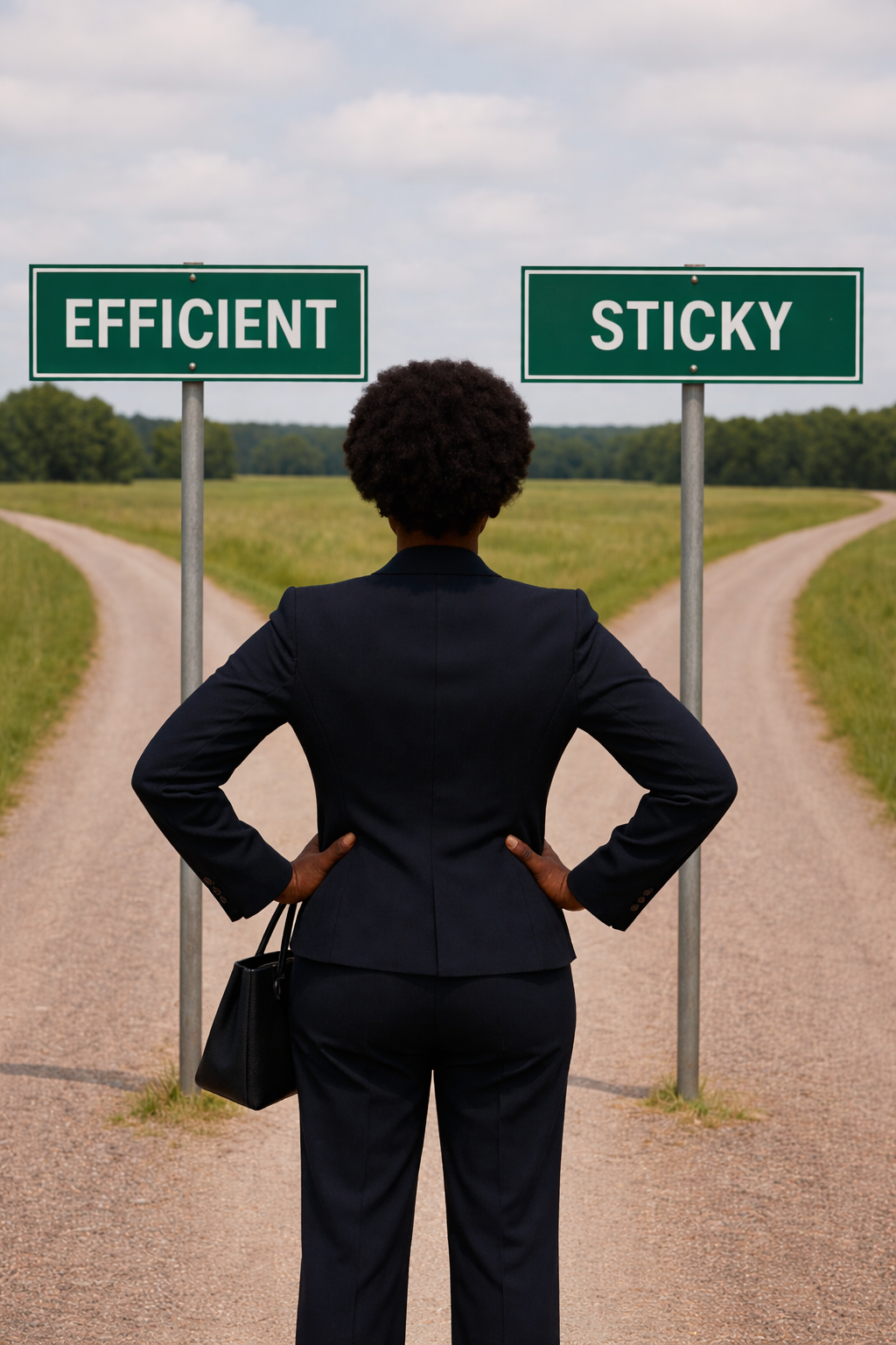 A business owner standing at a fork in the road between an Efficient path and a Sticky path